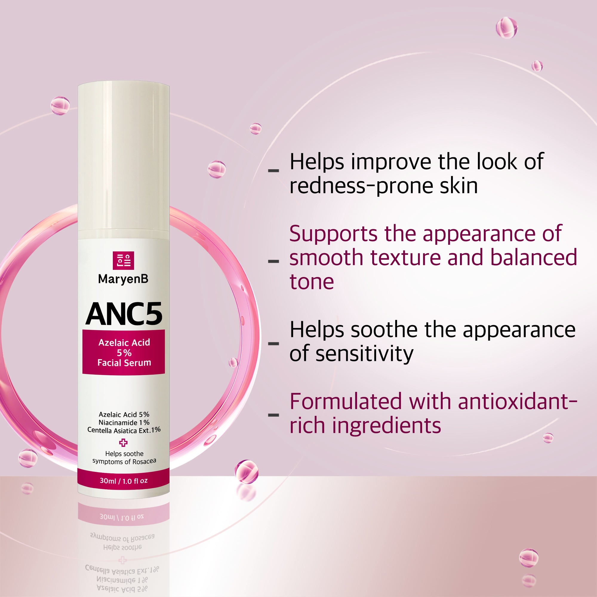 MaryenB ANC5 Azelaic Acid 5% Serum 1 Fl Oz - Gentle Redness Relief, Acne Care